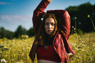 Woman in red leather jacket posing in a sunny wildflower field.