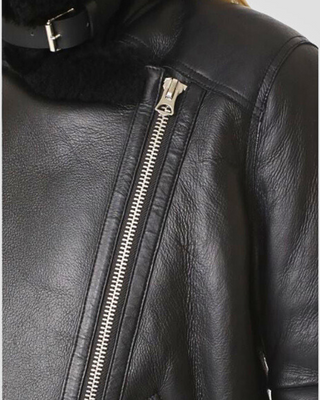 Close-up of Catalina Black Biker Shearling Leather Jacket zipper