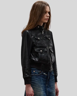 Side view of Emma black leather bomber jacket with pockets