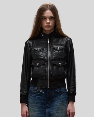 Front view of Emma black leather bomber jacket with pockets