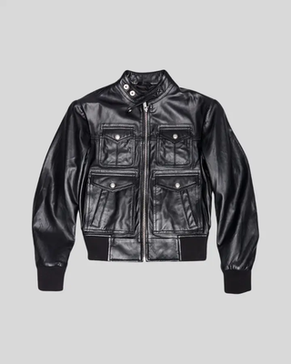 Emma black leather bomber jacket with four-pocket design flat lay