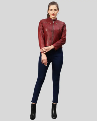 Full body view of Hazal Red Racer Leather Jacket