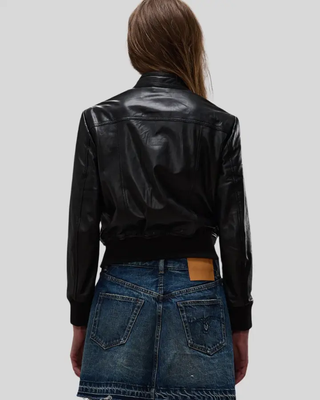 Rear view of Emma black leather bomber jacket with ribbed cuffs