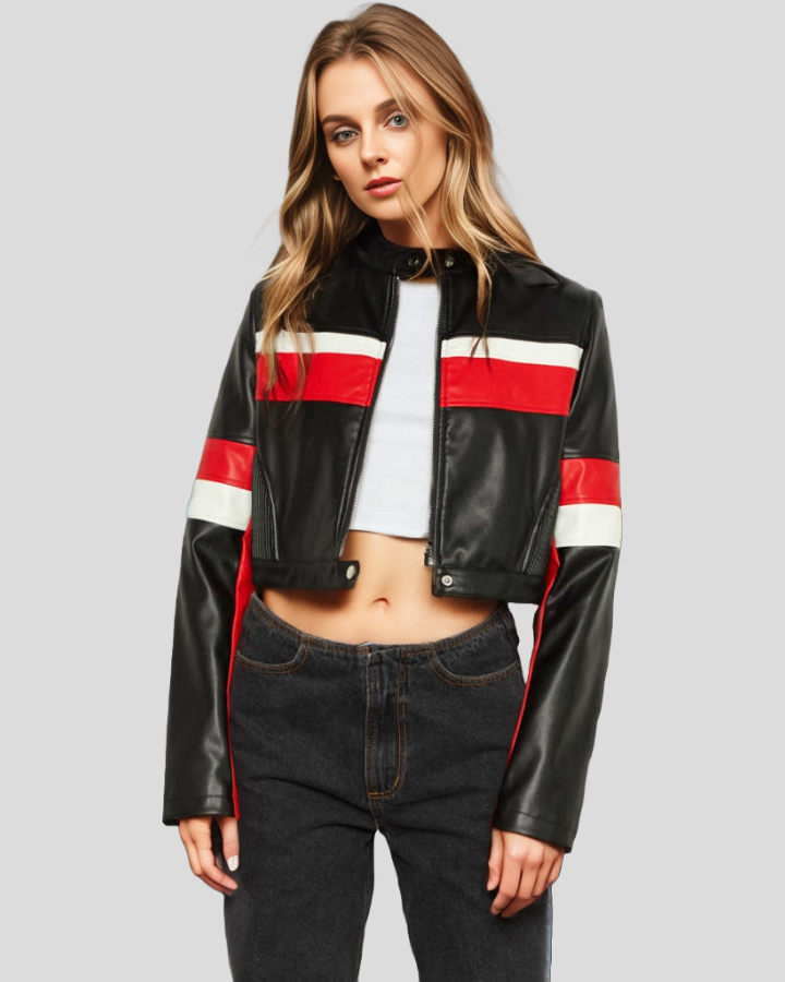 Velocity Racer Black Crop Moto Leather Jacket with Red and White Stripes