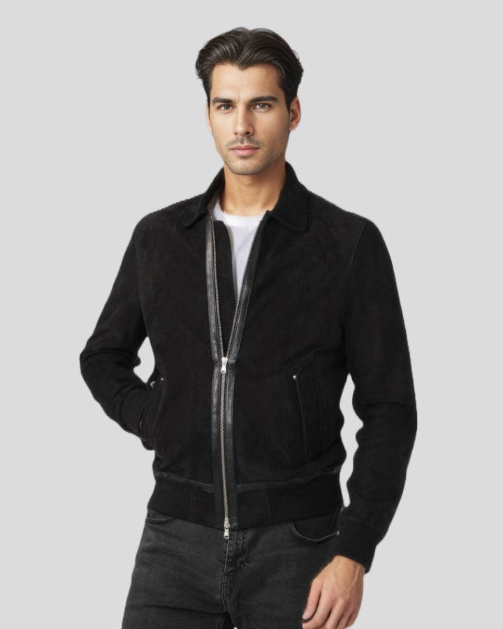 Luxe Noir Black Suede Bomber Leather Jacket