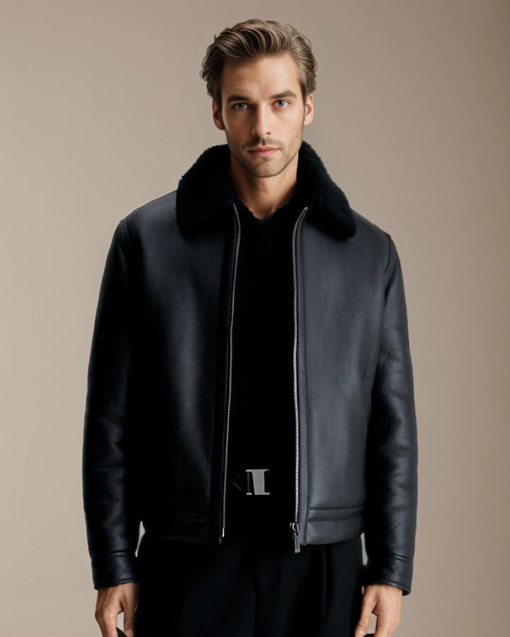 a man wearing a black leather jacket with a fur collar