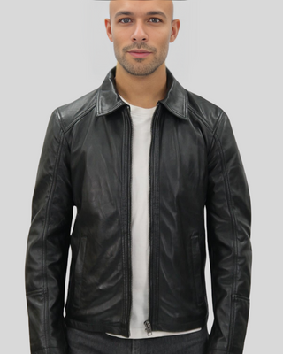 Miles black leather racer jacket with white shirt