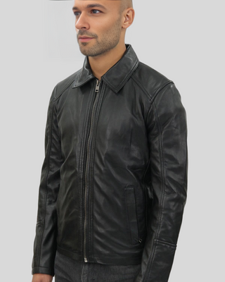 Miles black leather racer jacket side profile