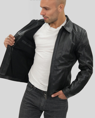 Miles black leather racer jacket open view
