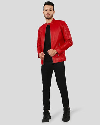 Full body view of Declan Red Racer Leather Jacket