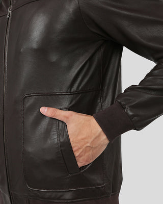 Knox Brown Bomber Leather Jacket with Removable Collar