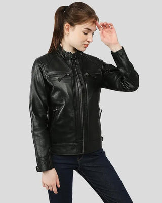 Annalise black leather jacket side pose