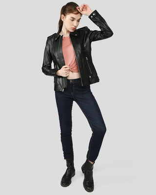 Full view of Charmaine black leather racer jacket