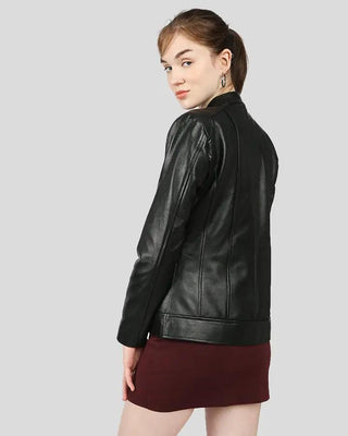 Back view of Calista Black Racer Leather Jacket