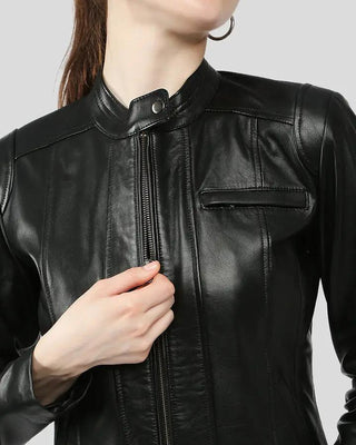 Close-up of Calista Black Racer Leather Jacket