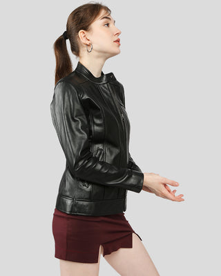 Side profile of Calista Black Racer Leather Jacket