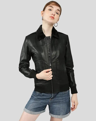 Front view of Gemma black bomber leather jacket with fur