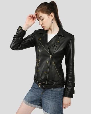 Side pose of Willow Black Biker Leather Jacket