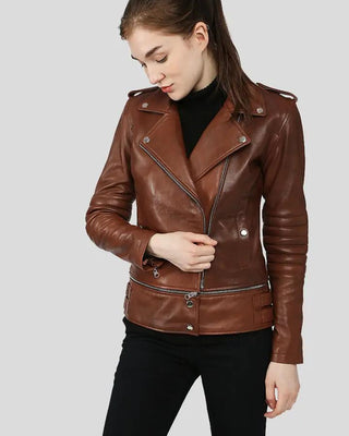 Brown leather jacket with adjustable length, side view
