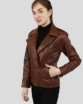 Filippa brown biker leather jacket front view
