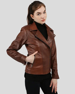 Side view of Filippa brown biker leather jacket