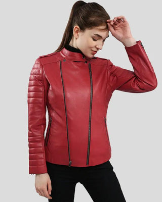 Christabel red quilted biker leather jacket front view