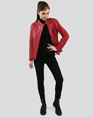 Christabel red quilted biker leather jacket full outfit