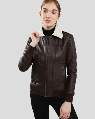 Front view of Thalia brown bomber leather jacket