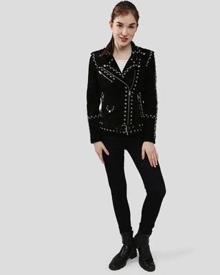 Full body view of Danica Black Suede Studded Leather Jacket