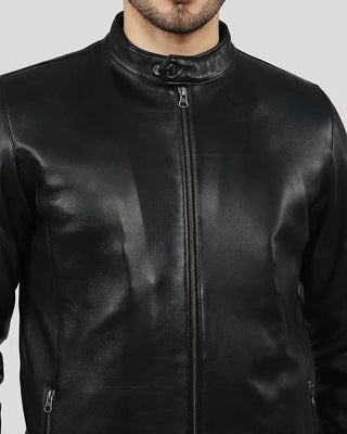 Close-up of black leather racer jacket zipper