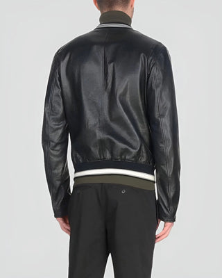 Back view of Tuhin Black Bomber Leather Jacket on model