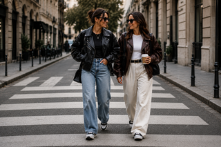 Two women in street style leather jacket outfits — an oversized black biker with baggy jeans and a brown bomber with wide-leg trousers