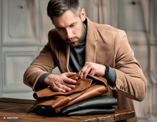 A person folding leather jackets