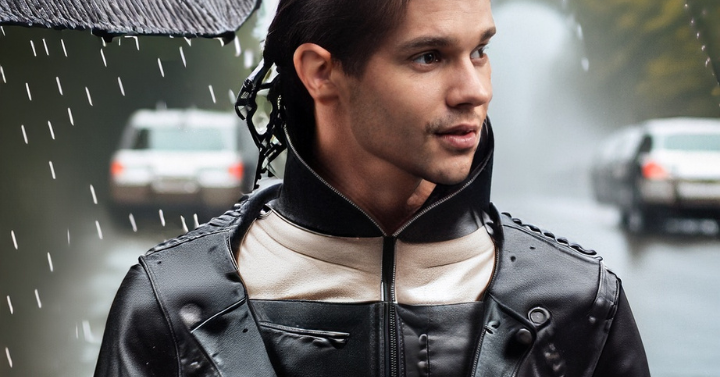 Boy Wearing Leather Jacket in rain