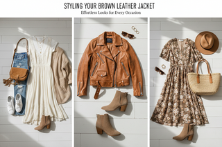Brown leather jacket outfit ideas for women with jeans, dresses, and boots