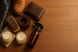 Leather care essentials with wallet, belt, brush, and cleaning products.