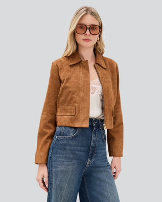 Kelly Cropped Tan Suede Jacket with Flap Pockets