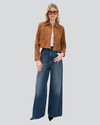 Kelly Cropped Tan Suede Jacket with Flap Pockets