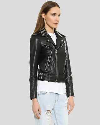Women's Amia Black Studded Leather Jacket – view 3