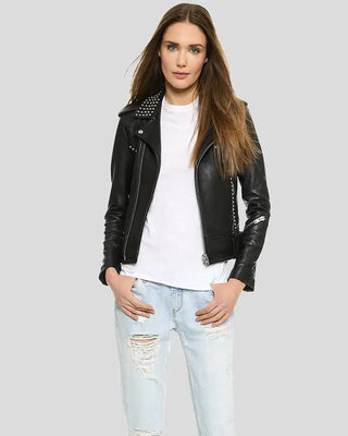 Women's Amia Black Studded Leather Jacket – view 4