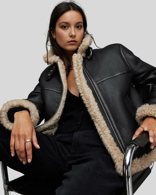 Women's Arctic Chic Leather Flight Black Leather Jacket with Shearling Lining