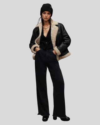Women's Arctic Chic Leather Flight Black Leather Jacket with Shearling Lining – view 2