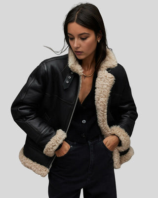 Women's Arctic Chic Leather Flight Black Leather Jacket with Shearling Lining – view 3