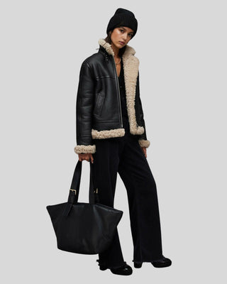 Women's Arctic Chic Leather Flight Black Leather Jacket with Shearling Lining – view 4