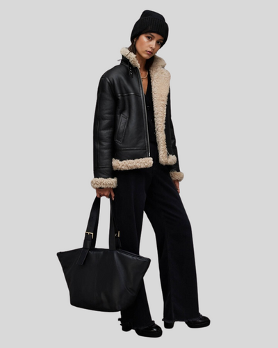Arctic Chic Leather Flight Black Leather Jacket with Sherpa Lining 4