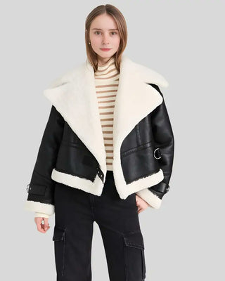 Women's Ariana Shearling Lined Black Aviator Jacket