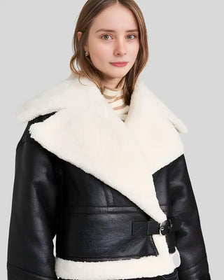 Women's Ariana Shearling Lined Black Aviator Jacket – view 2