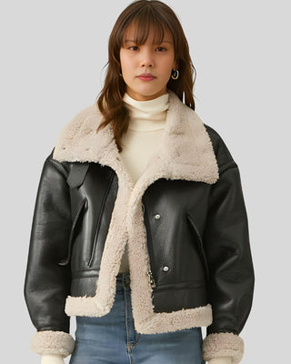 Women's Aviator Classic Sherpa-Lined Shearling Black Flight Leather Jacket