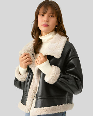 Women's Aviator Classic Sherpa-Lined Shearling Black Flight Leather Jacket – view 2