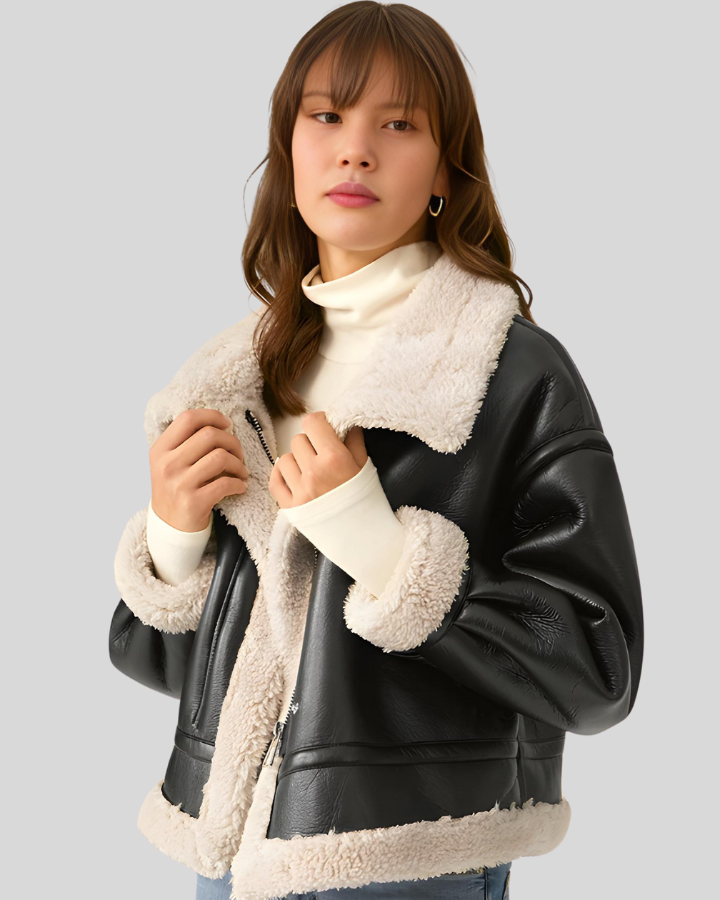 Aviator Classic Sherpa-Lined Shearling Black Flight Leather Jacket 2